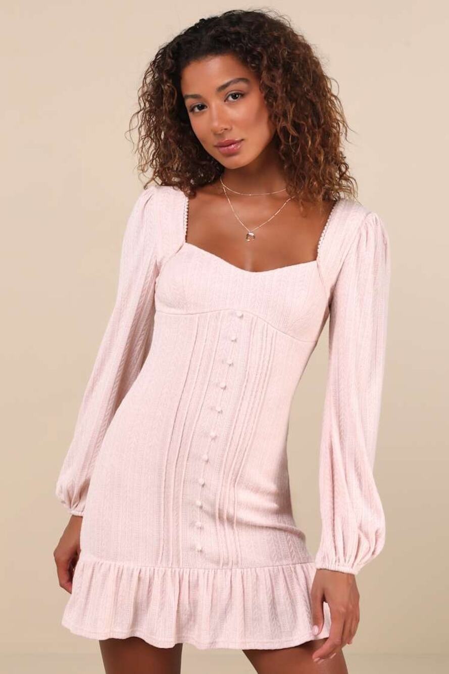 NWT Lulus Coveted Sweetness Blush Pointelle Knit Long Sleeve Mini Dress Size L